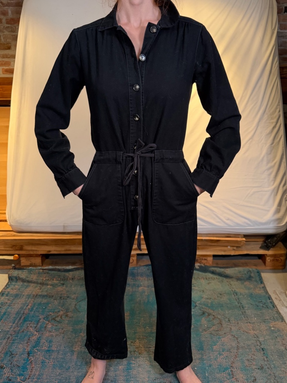 Women's Black Button-Front Utility Jumpsuit with Tie Waist